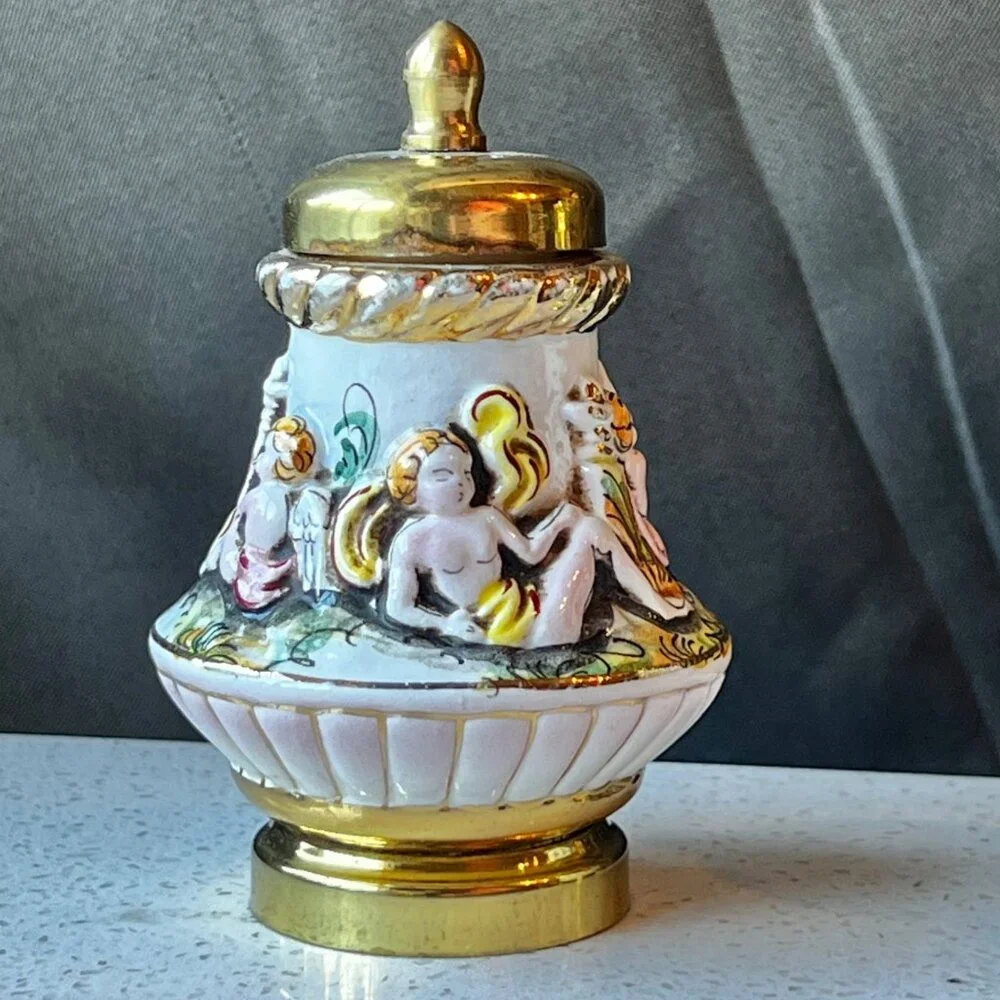 Capodimonte Ceramic & Brass Salt Shaker & Pepper Mill